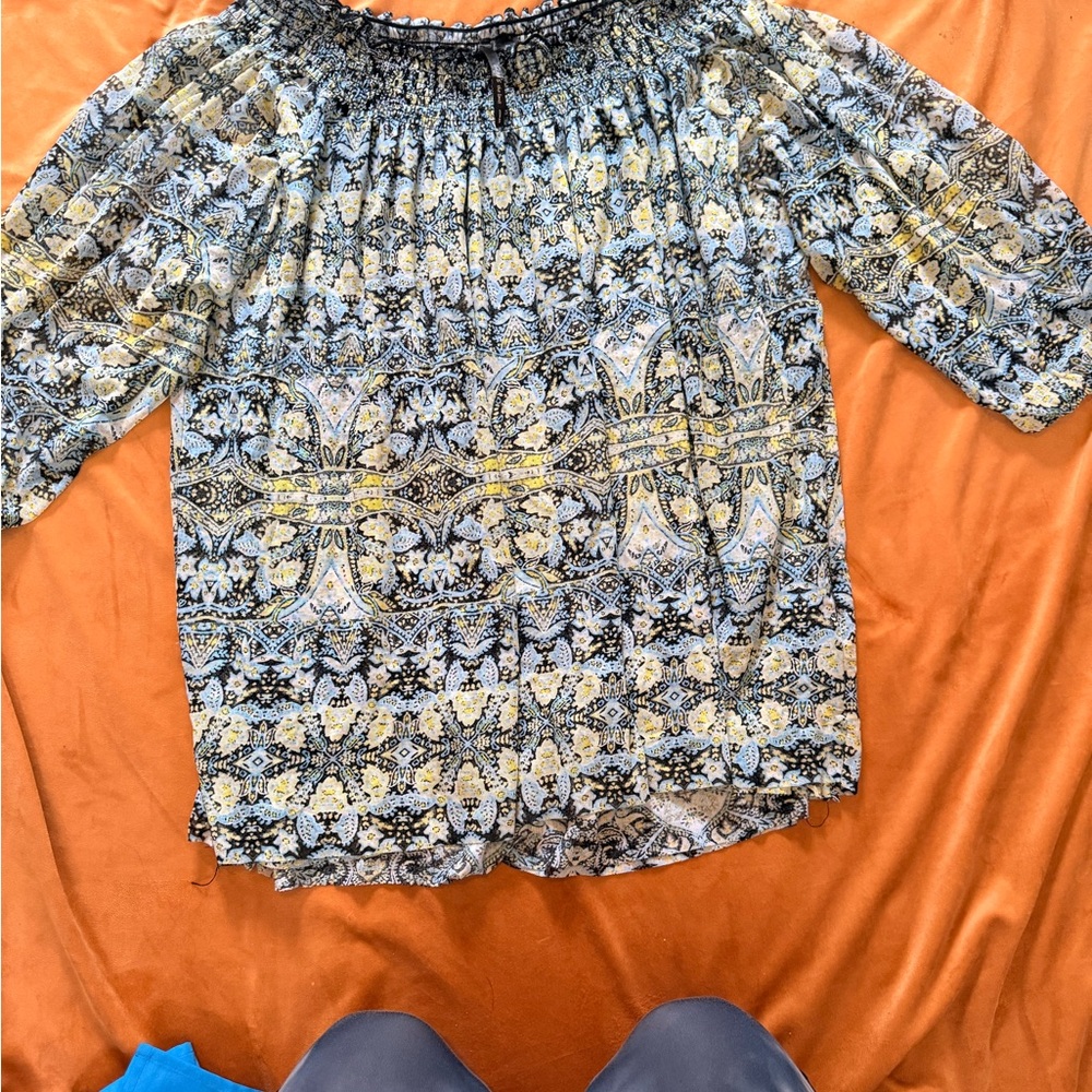 Skye's the Limit Blue and Yellow Patterned Blouse